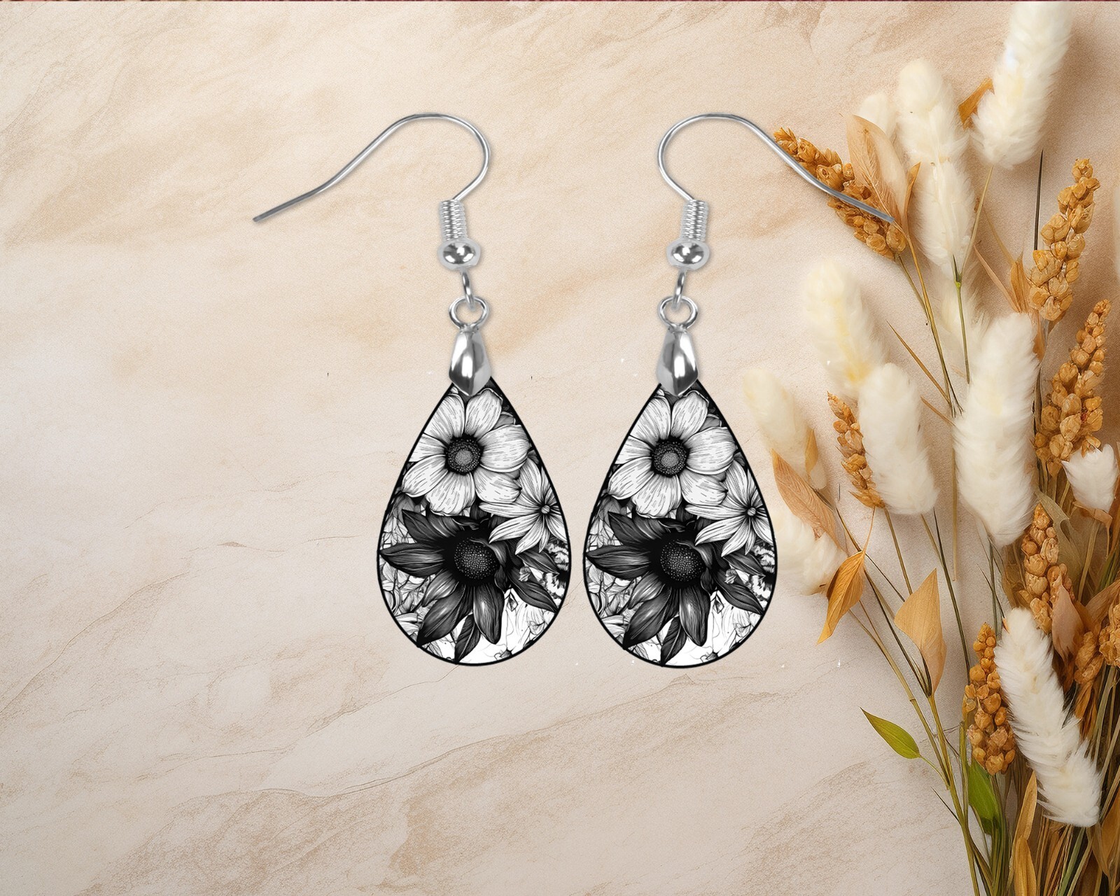 Black and White Floral Print Wood Dangle Teardrop Print Earrings Jewelry