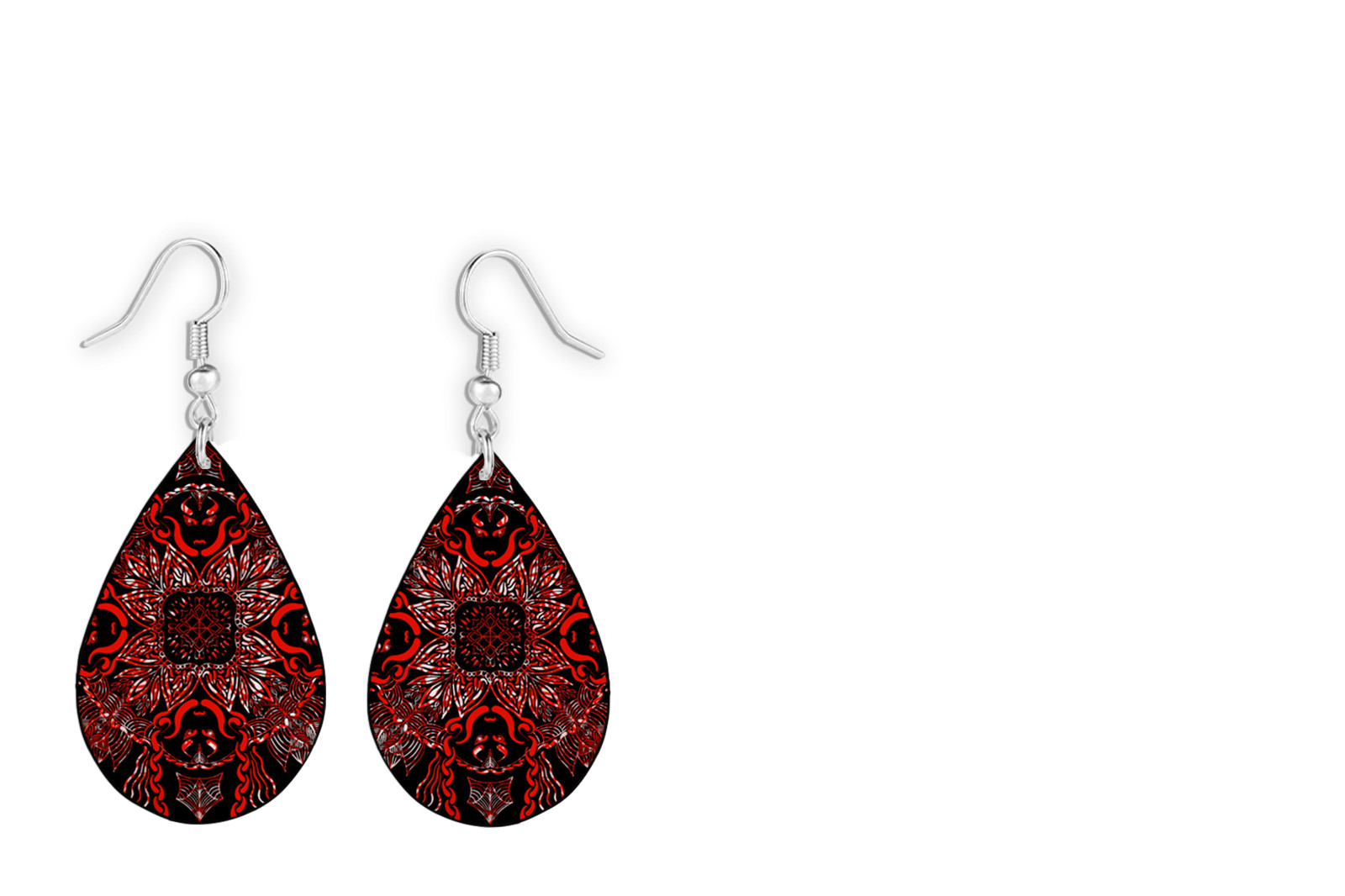 Red Black Mandala Teardrop Dangle Earrings Gothic Sublimated Jewelry