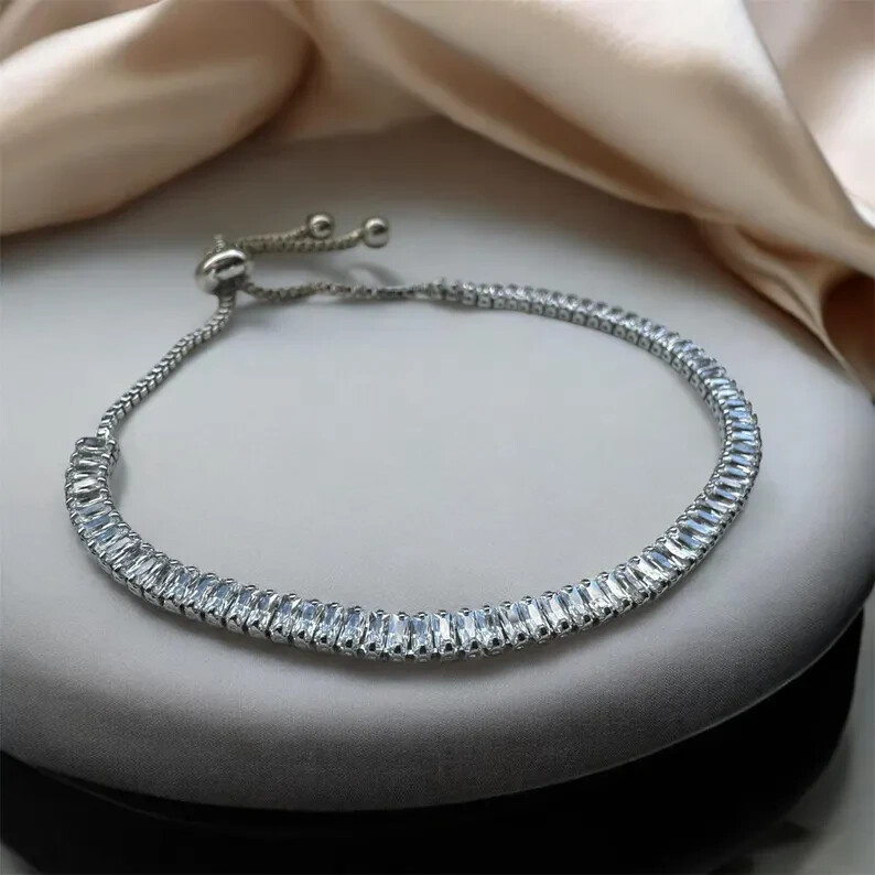 6.7Ct Baguette Simulated Diamond 14k White Gold Over Dainty Bolo Tennis Bracelet