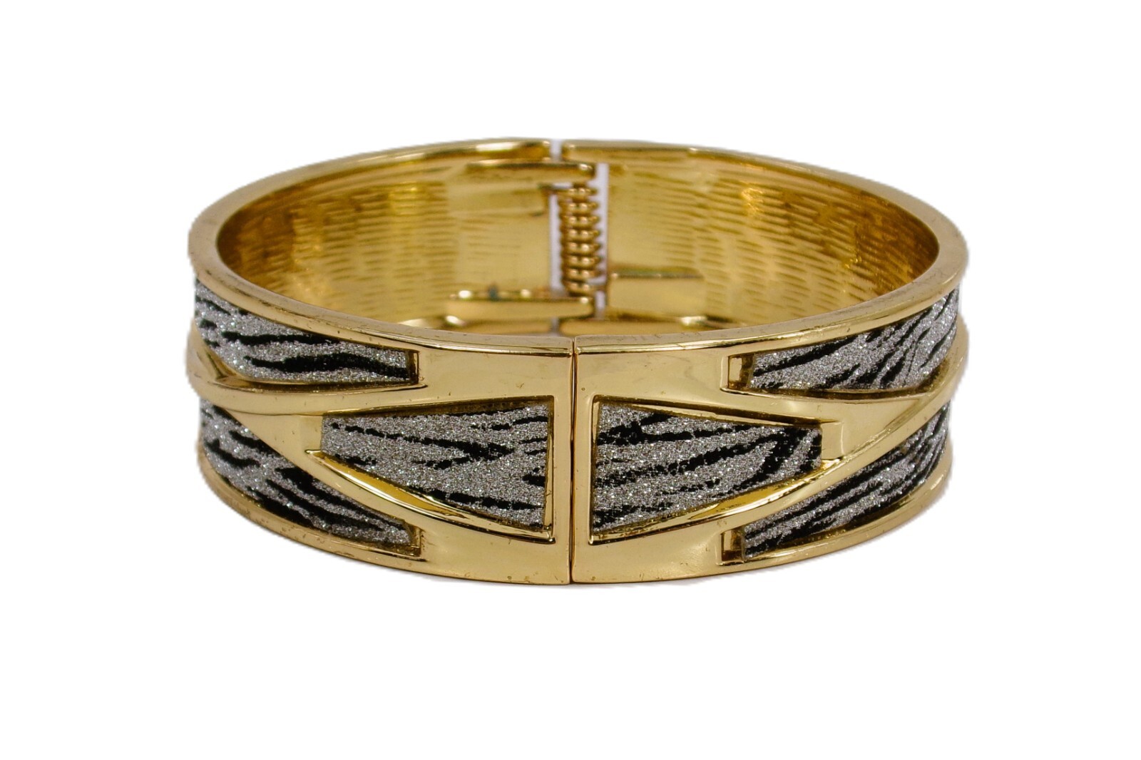 Gold bangle wide bracelet with a silver and black sparkle, spring opening New