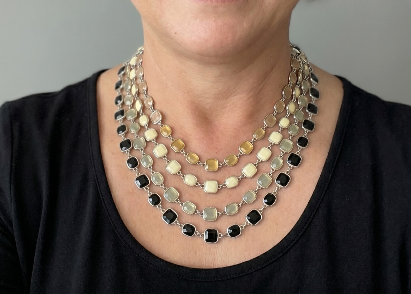 Anne Taylor Statement Necklace – 5-Strand Layered Geometric Enamel – 15in