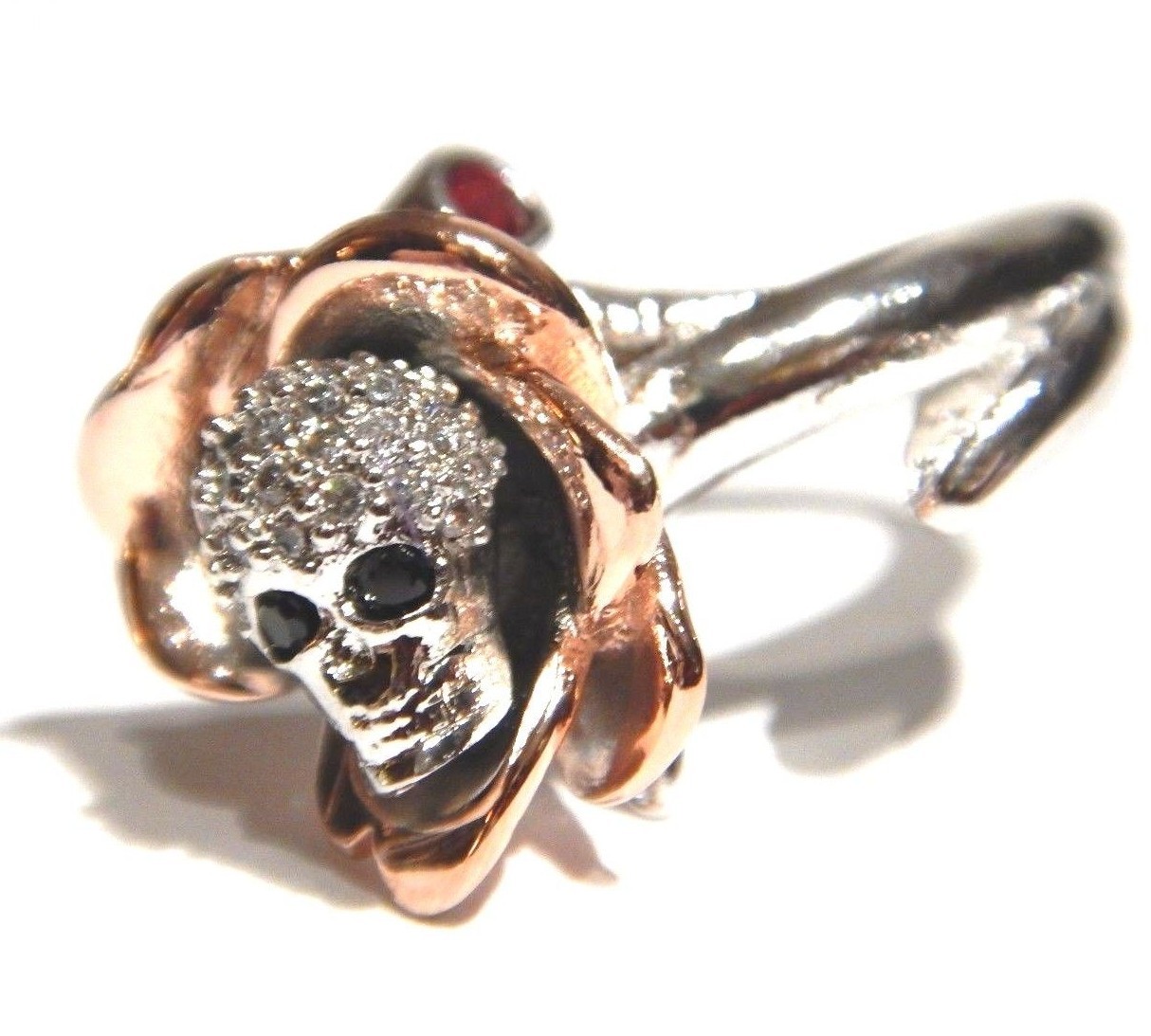 SKULL ROSE RING silver & rose gold plated glass crystal gothic death flower H5