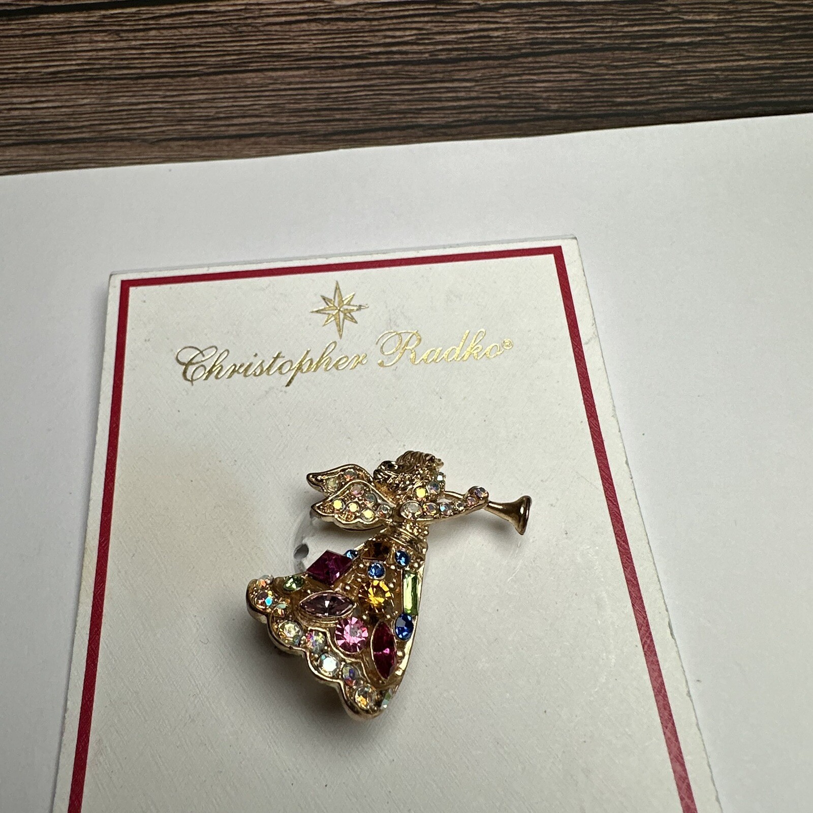 Christopher Radko Rhinestone Angel Multi Color Christmas Gold Tone Brooch Pin