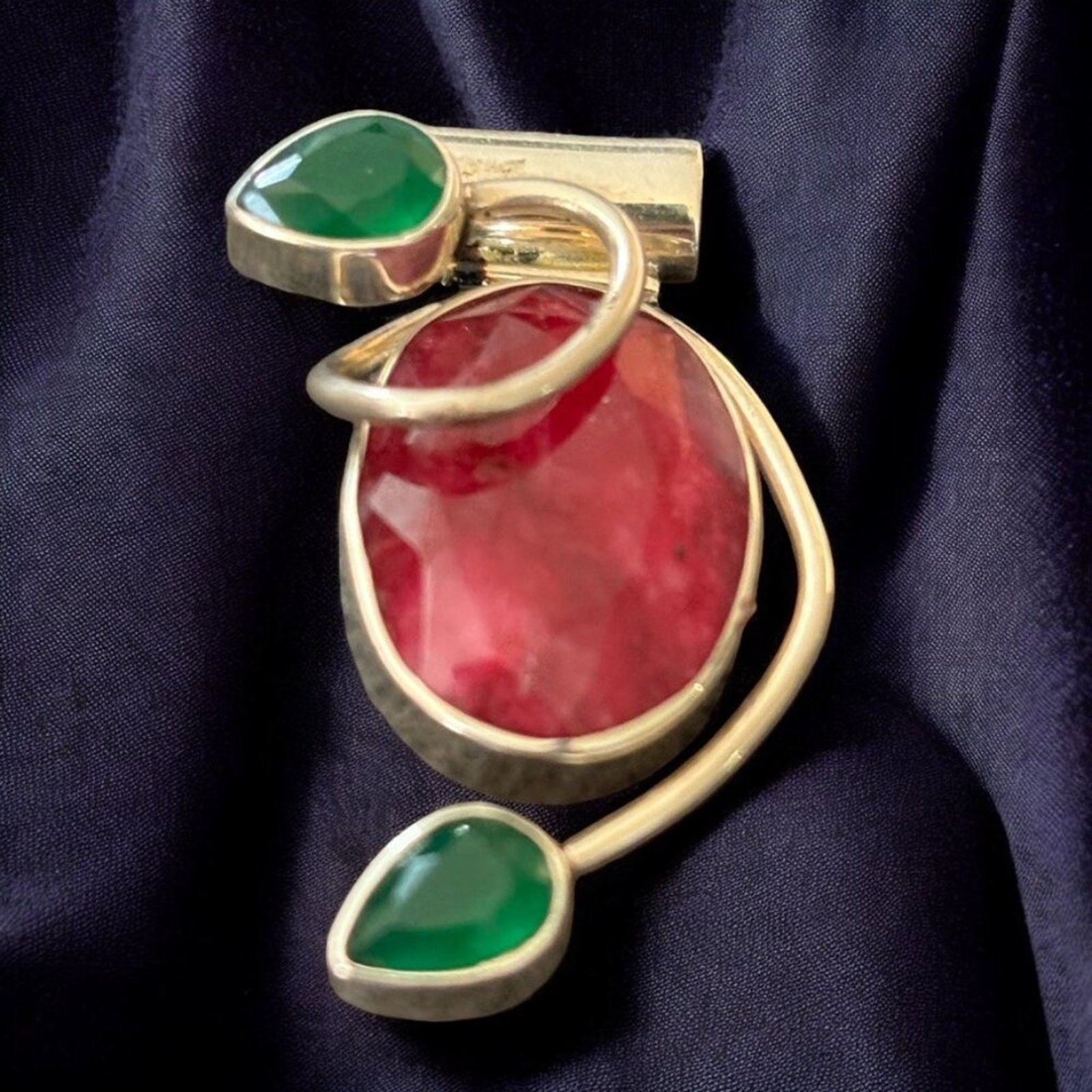 Vintage Artisan Crafted Ruby Emerald Sterling Silver Statement Pendant 925