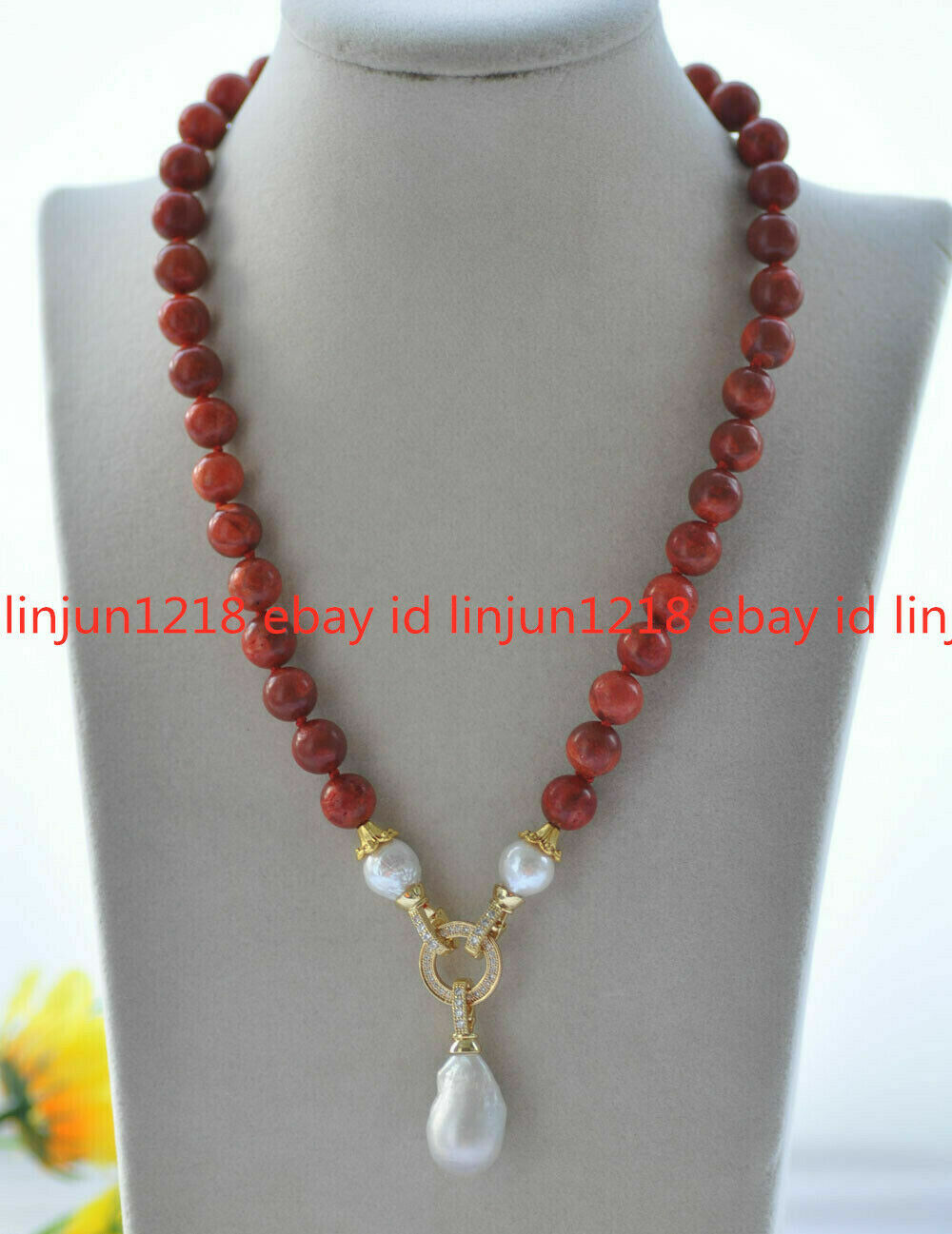 10mm Red Coral & Natural White Keshi Baroque Pearl Drop Pendant Necklace 16-28”