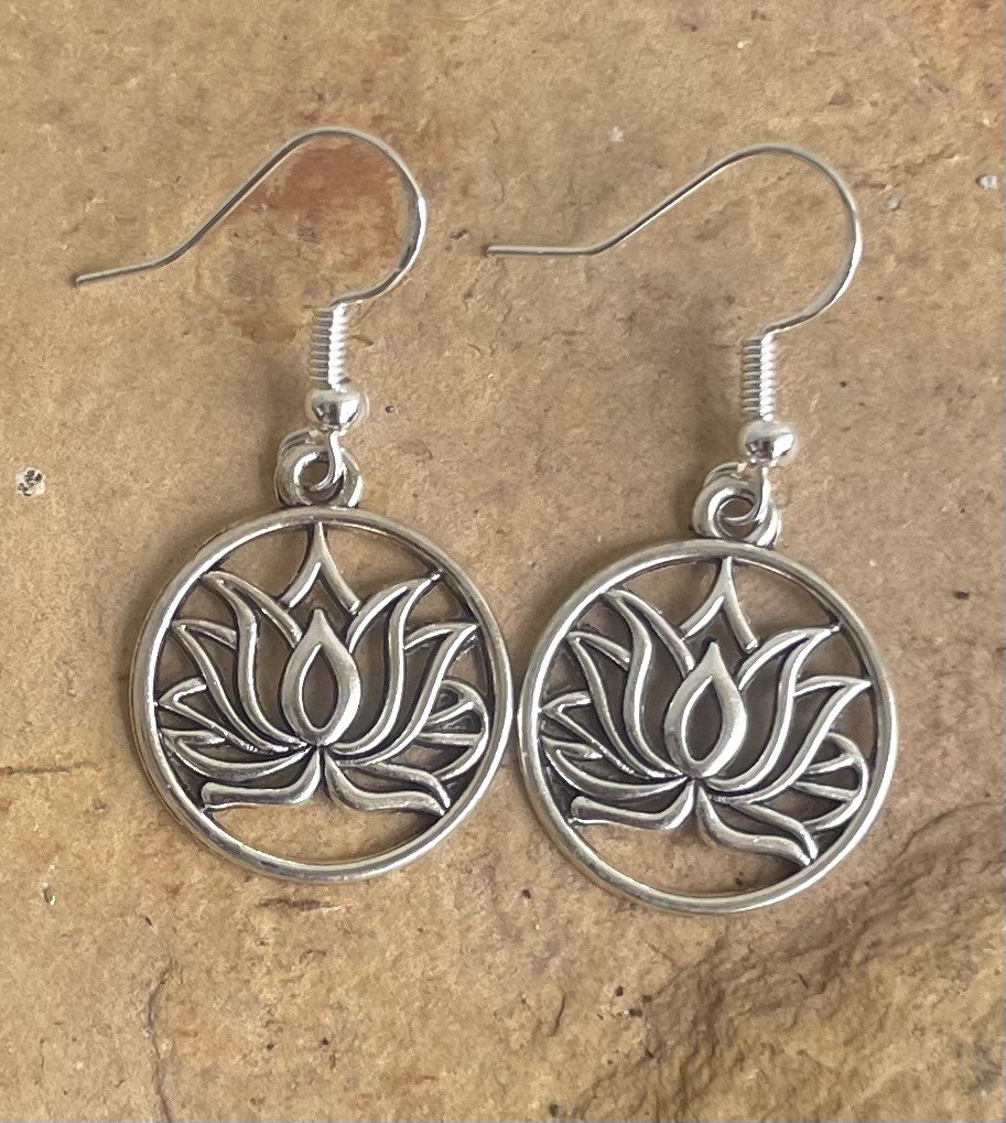 Silver Yoga Lotus Flower Dangle Drop Earrings .925 Sterling Silver Ear Hooks