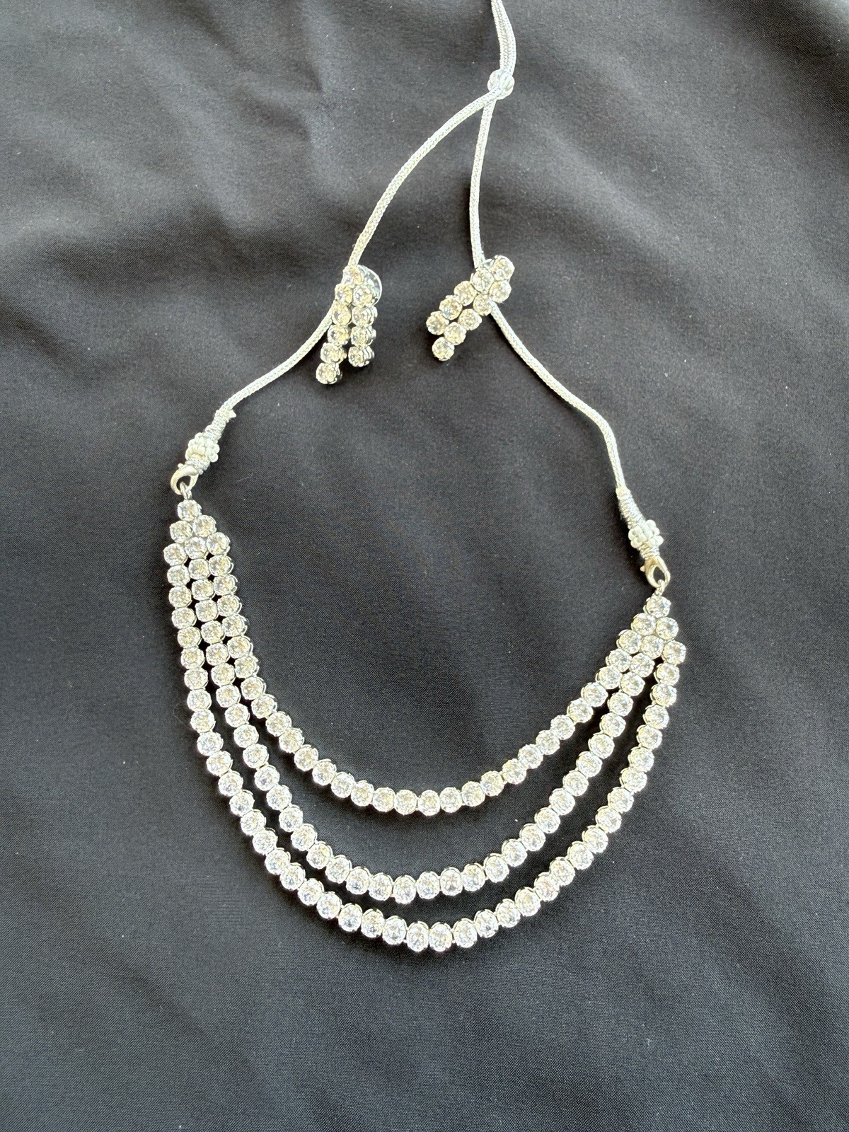Silver Tone Clear Crystal Multi-Strand Statement Necklace, Adjustable Cord