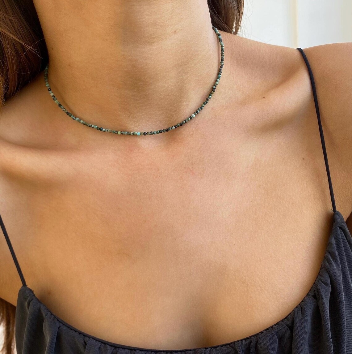 Tiny African Turquoise Choker Faceted 2mm Beads Healing Dainty Necklace Gift