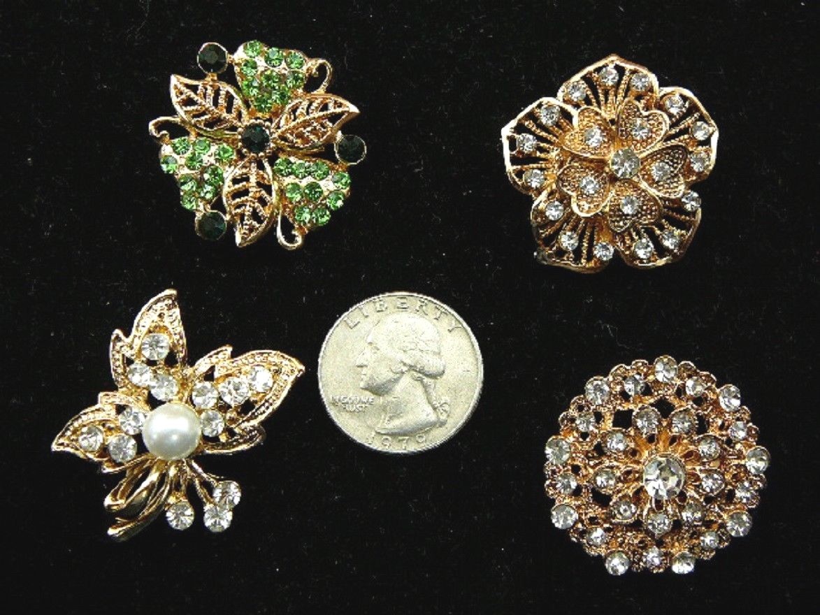 bb610-5 set of 4 white green rhinestone pearl ornate floral gold brooch pin pins