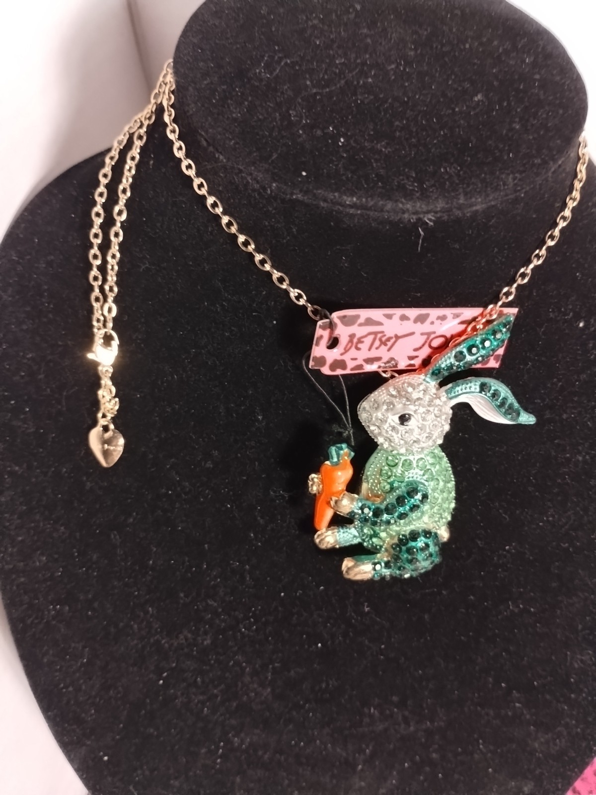 Betsey Johnson Green Rabbit / Bunny & Carrot Rhinestone Necklace/Pin New W/Tags