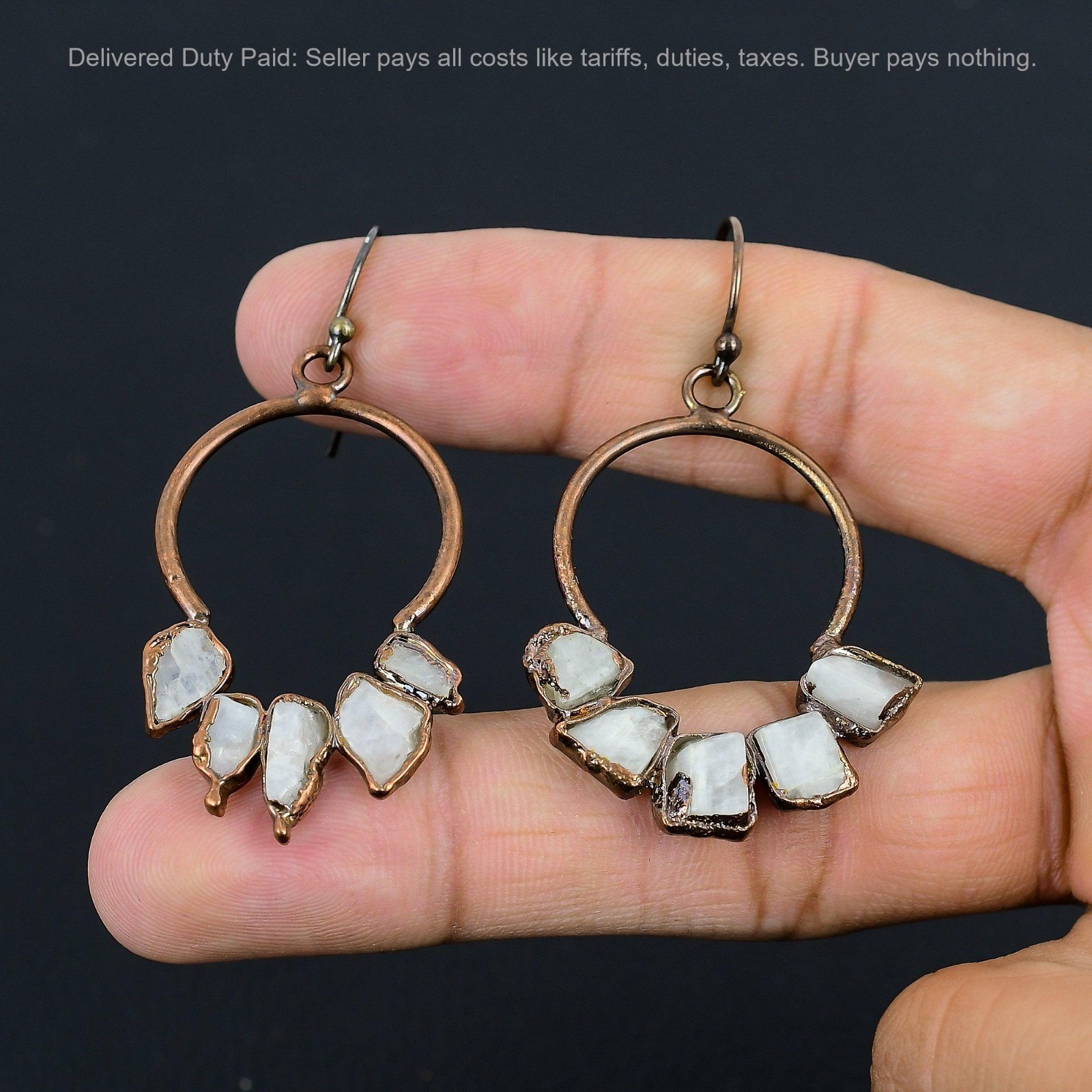 Copper Pentagon Natural Rainbow Moonstone Rough Drop Electroformed Wife Earrings