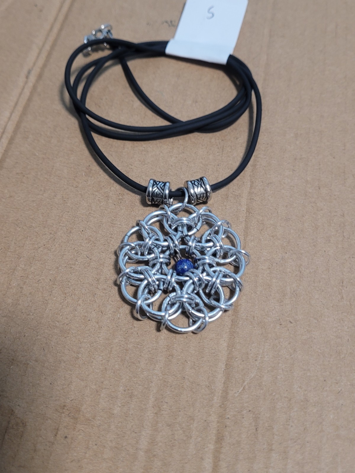 stainless steel chainmail pendant, Celtics rose style with lapis lazuli stone