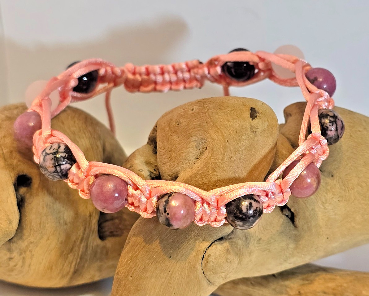 Macrame & Rhodonite, Rose Quartz & Amethyst Gemstone Bead Bracelet