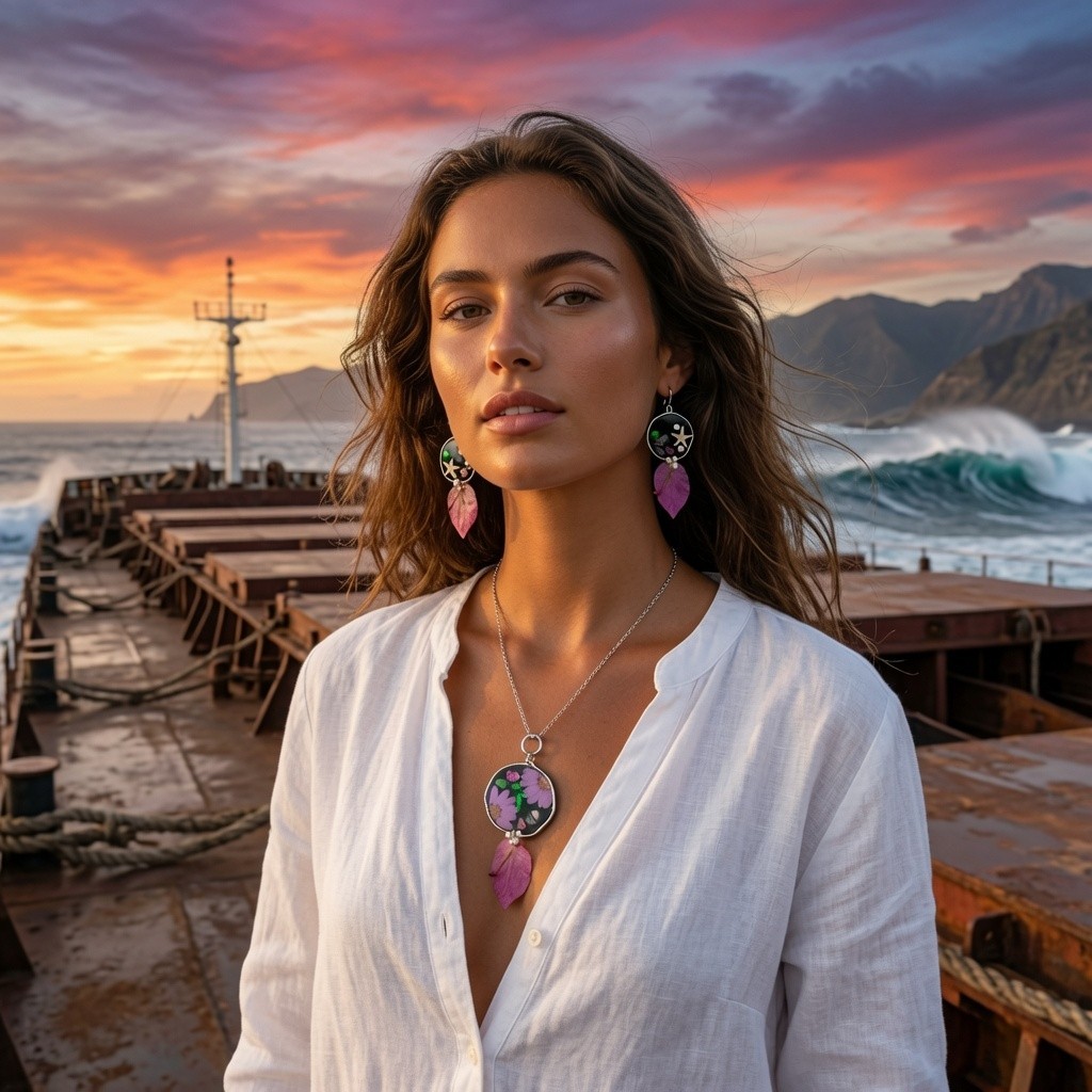 Real Starfish Bougainvillea Leaf Necklace Earrings Set Resin Pearl Flower Gift