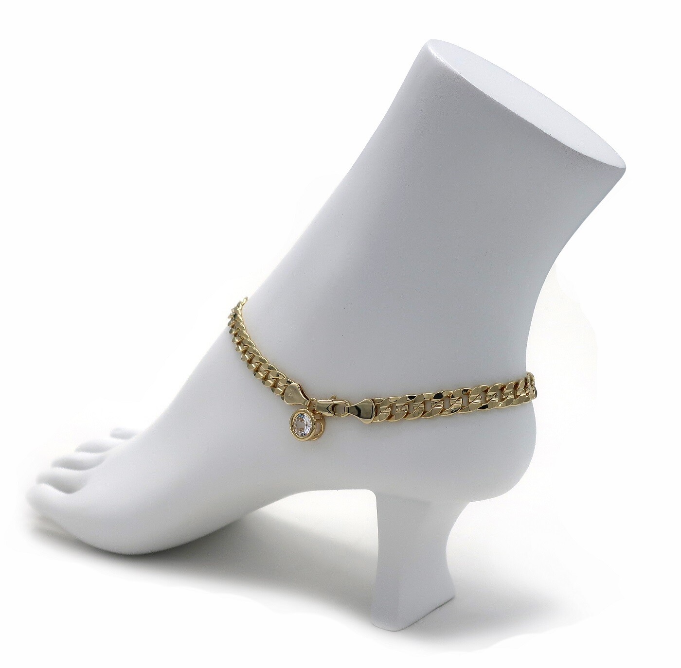 10″ CONCAVE CUBAN LINK CHAIN ANKLET 6mm CZ STONE ANKLE BRACELET 14K GOLD PLATED