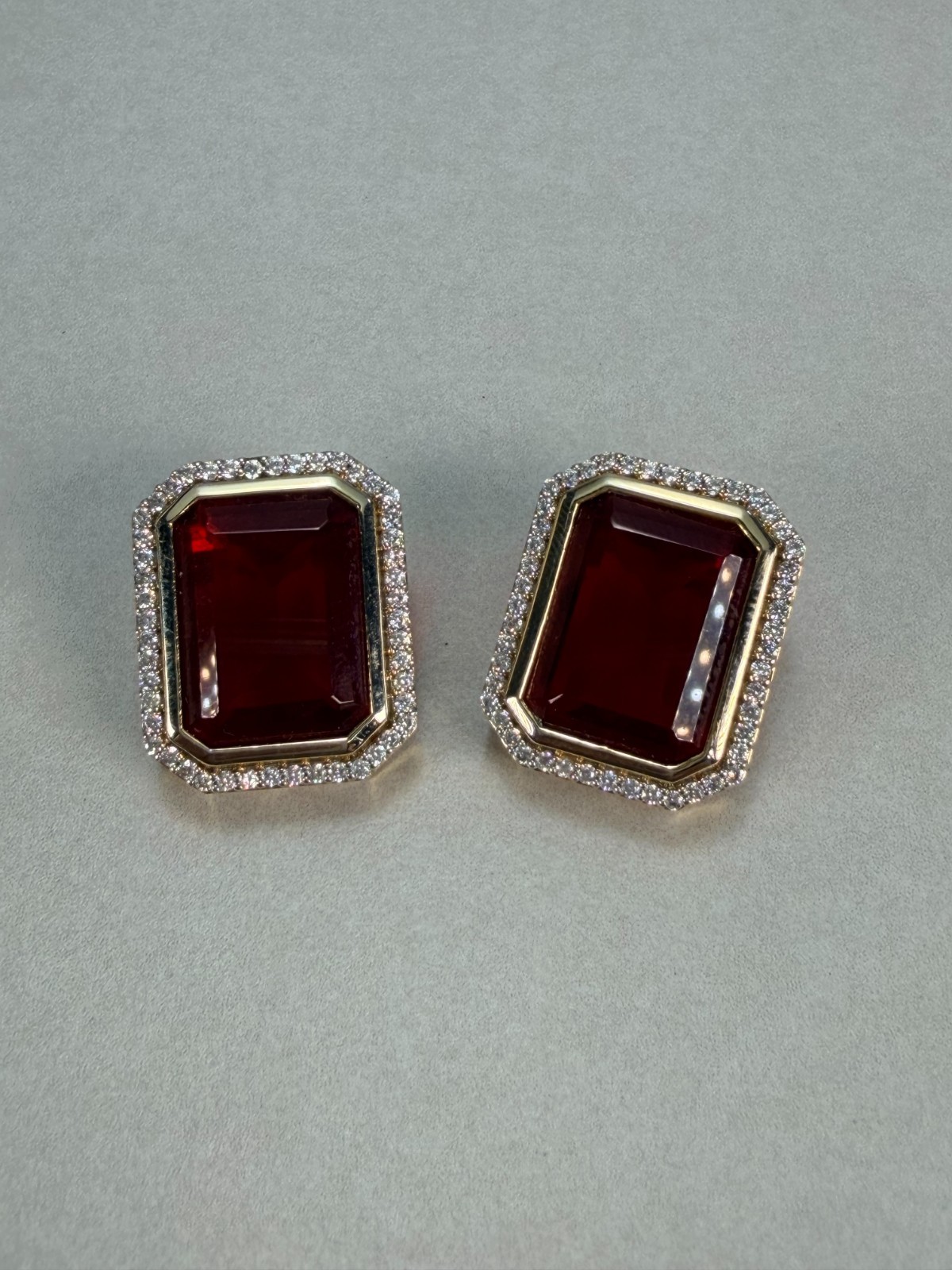 Ruby Red Emerald Cut Crystal Halo Stud Earrings Gold Tone Glam