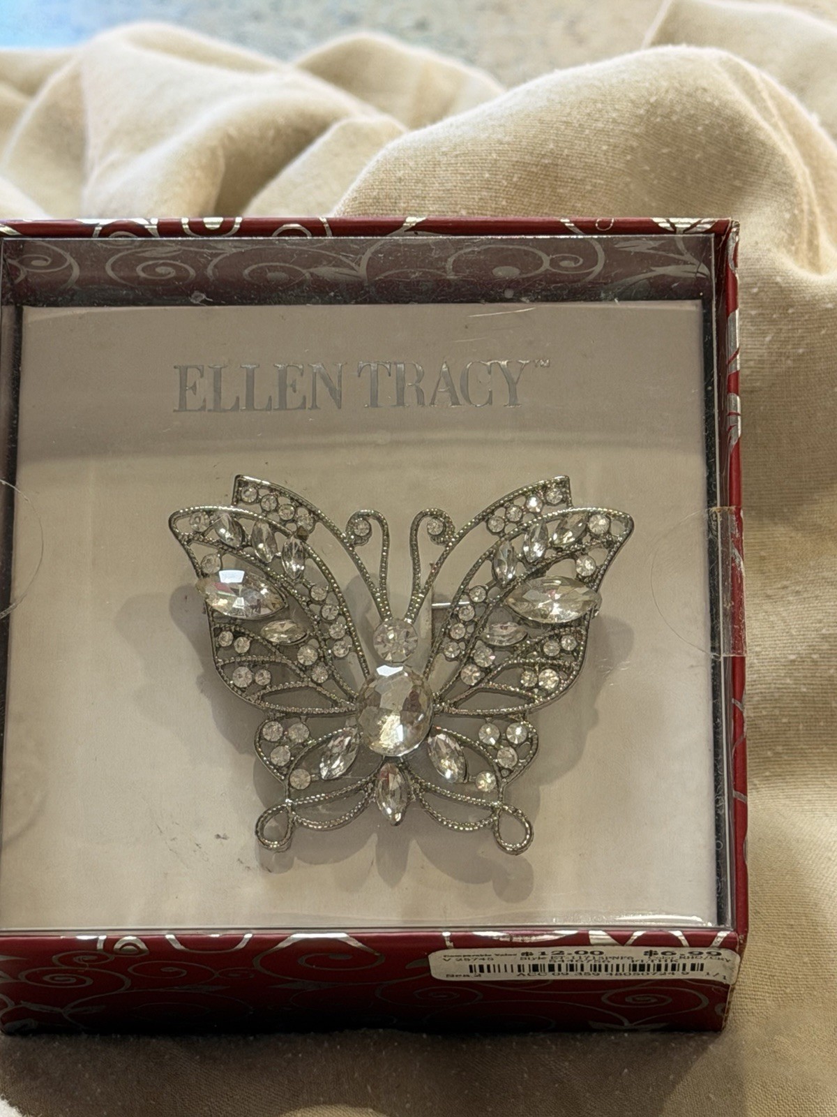 Ellen Tracy Crystal Butterfly Brooch Pin Gold Tone Rhinestone Signed w/ Original