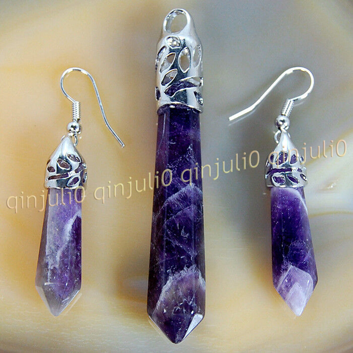 1 Set Natural Gemstones Hexagonal Pointed Reiki Chakra Pendant Earrings Jewelry