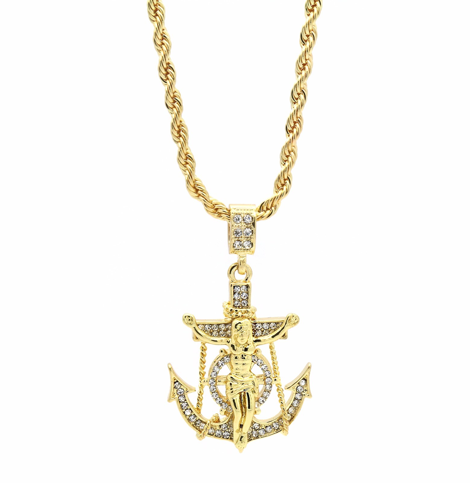 Mens Hip Hop 14k Gold Plated Jesus Hook Pendant Cubic-Zirconia 24″ Rope Chain