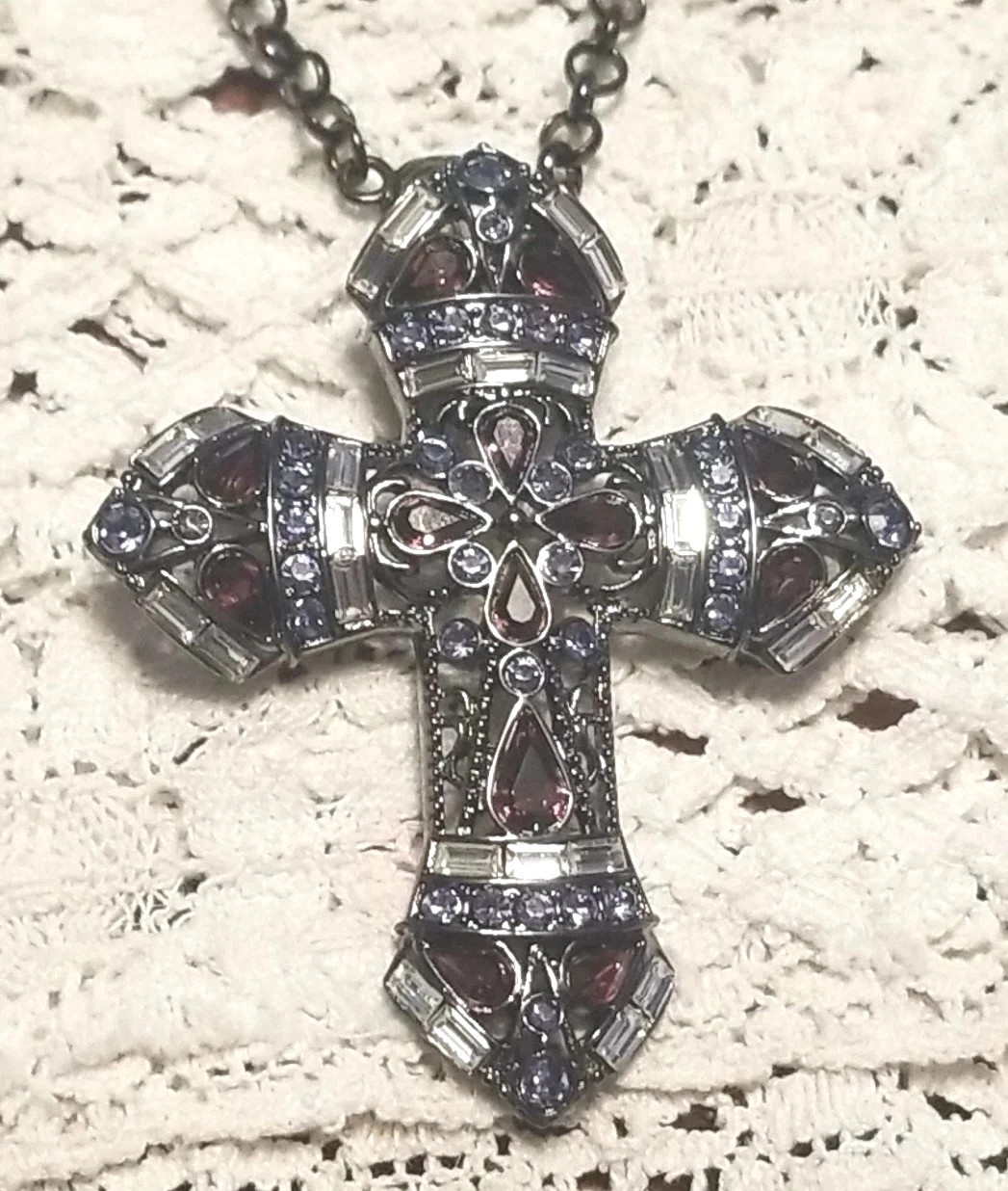 Large Cross Necklace, Black & Purple Medallion Pendent On A 48″station Chain