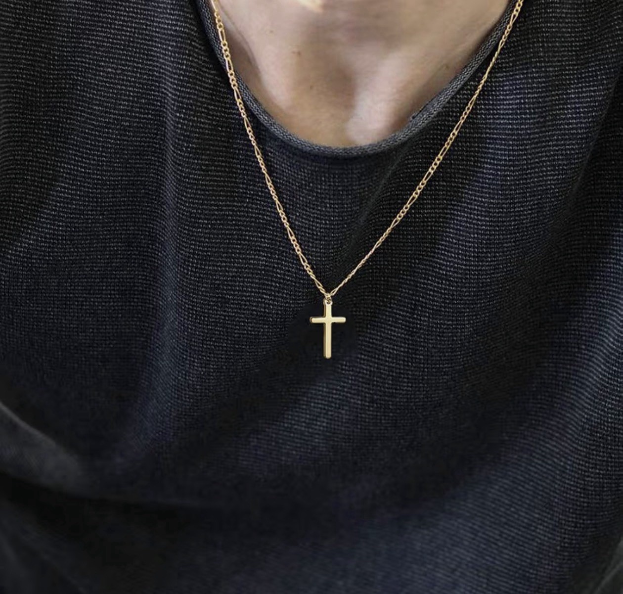 Gold Cross Pendant Necklace 3mm Figaro Chain Stainless Steel 20in Lobster