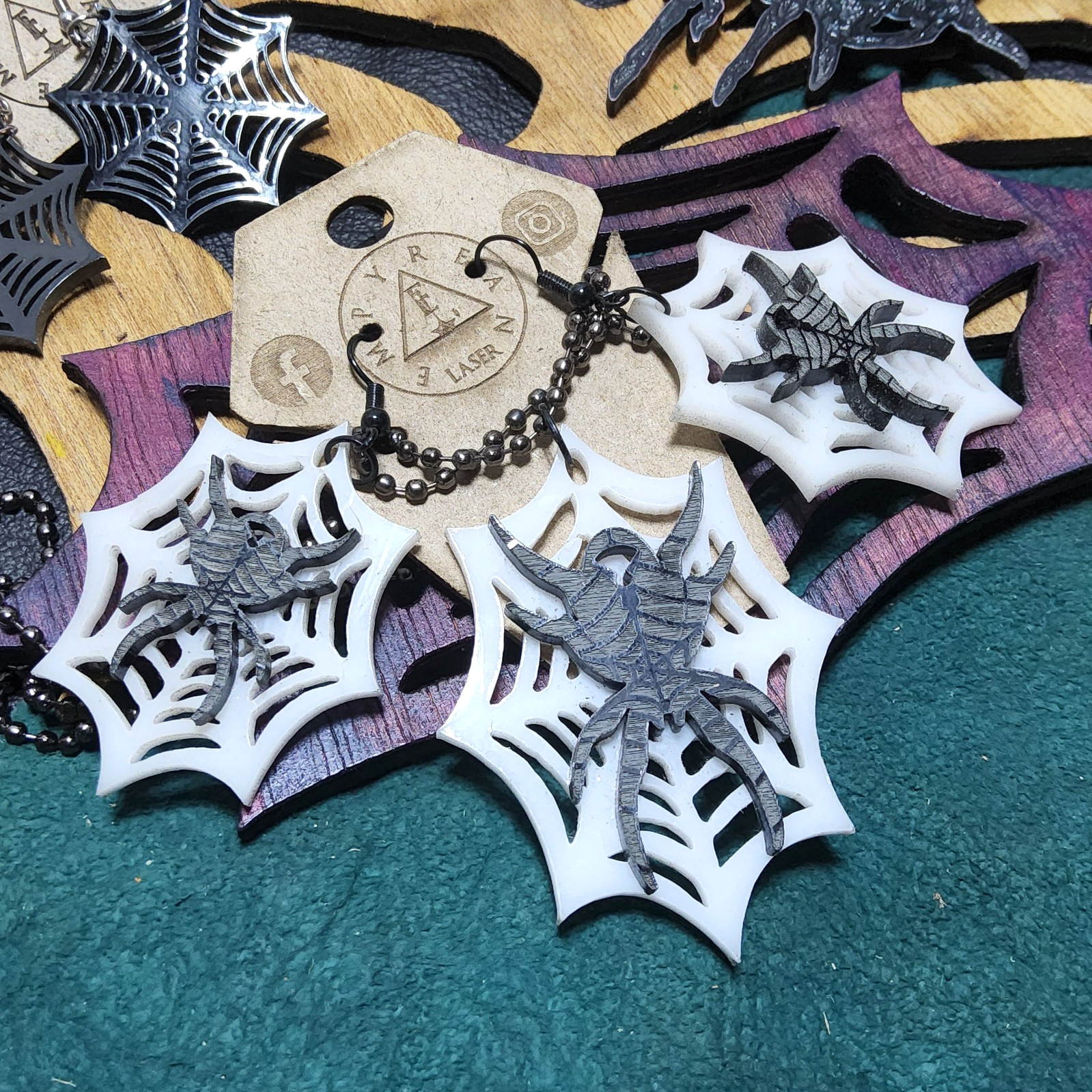 Lasered acrylic spider web earrings necklace set goth horror style art decor