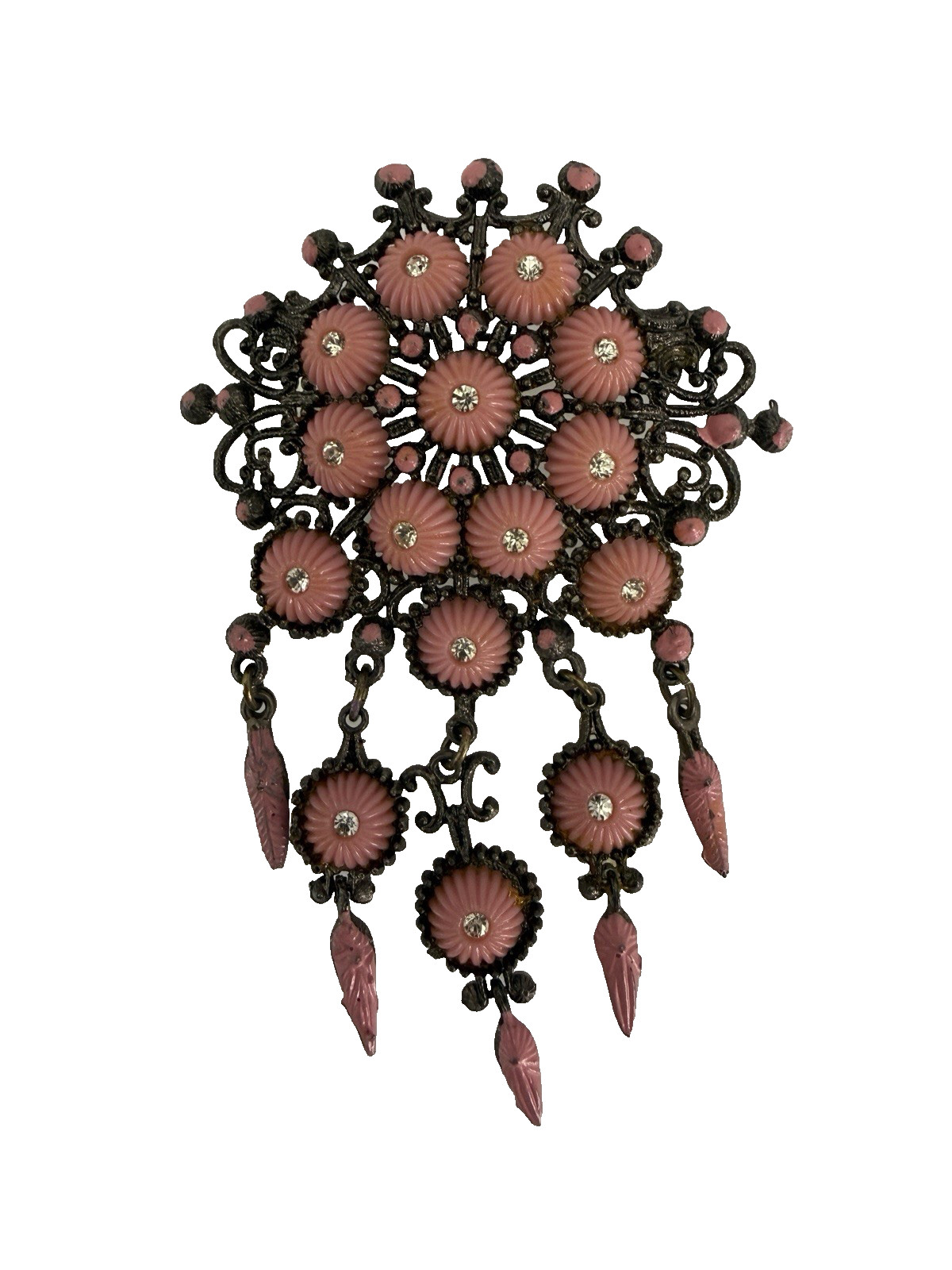Enameled & Celluloid Pink Flower Dangle Brooch Filigree Metal