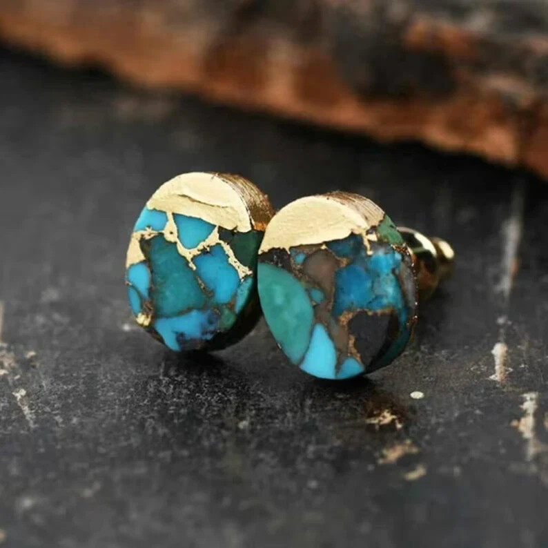 Handmade Natural Turquoise Stud Earrings Blue Gemstone Gold Plated Jewelry Gift