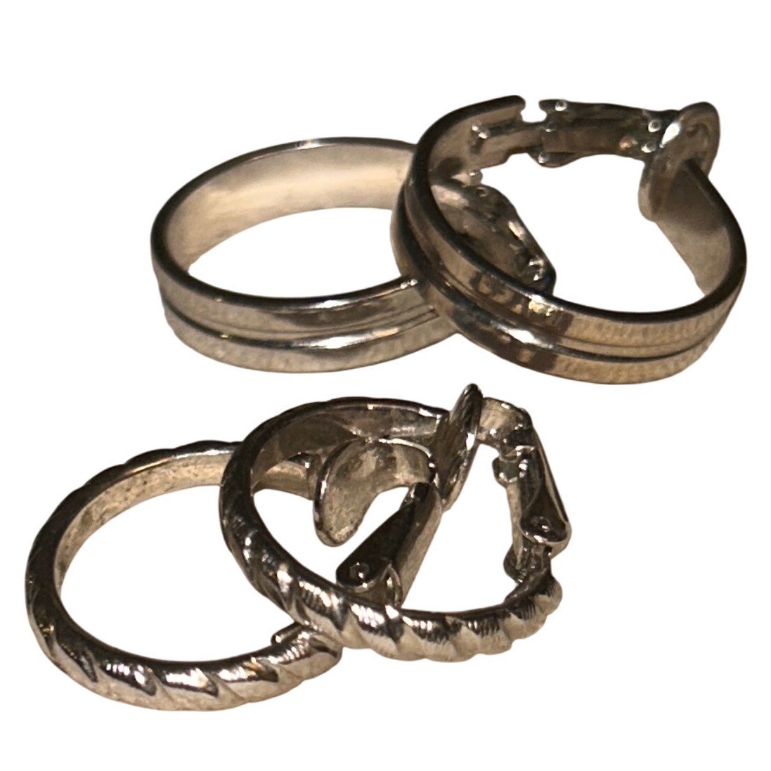 Silver Tone Clip On Hoop Earring Set 2 Pairs Twisted Rope and Polished Smooth