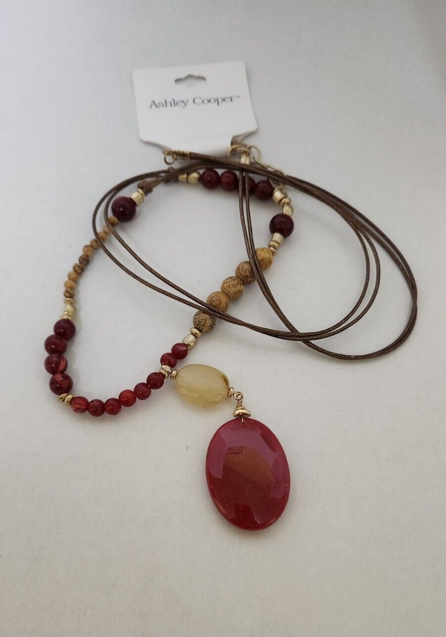 Ashley Cooper Multi Strand String Beaded Necklace with Semi-Precious Stone Red