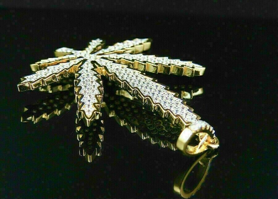 3.00Ct Round Cut Simulated Diamond MARIJUANA LEAF Pendant 14K Yellow Gold Plated