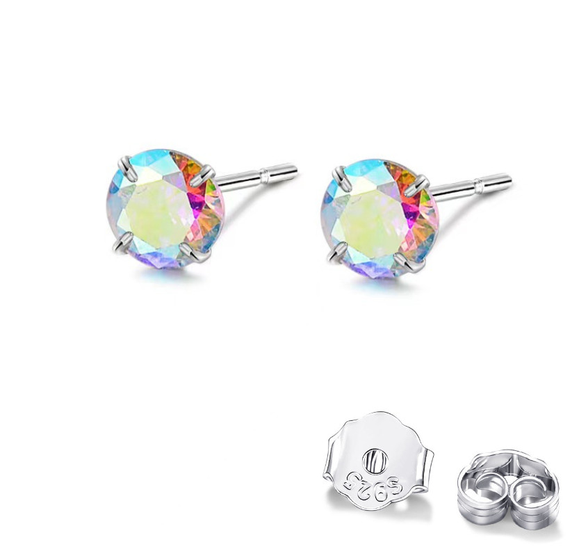S925 Sterling Silver Tiny AB Crystal Round Girl Women Stud Post Earrings 3/4/5mm