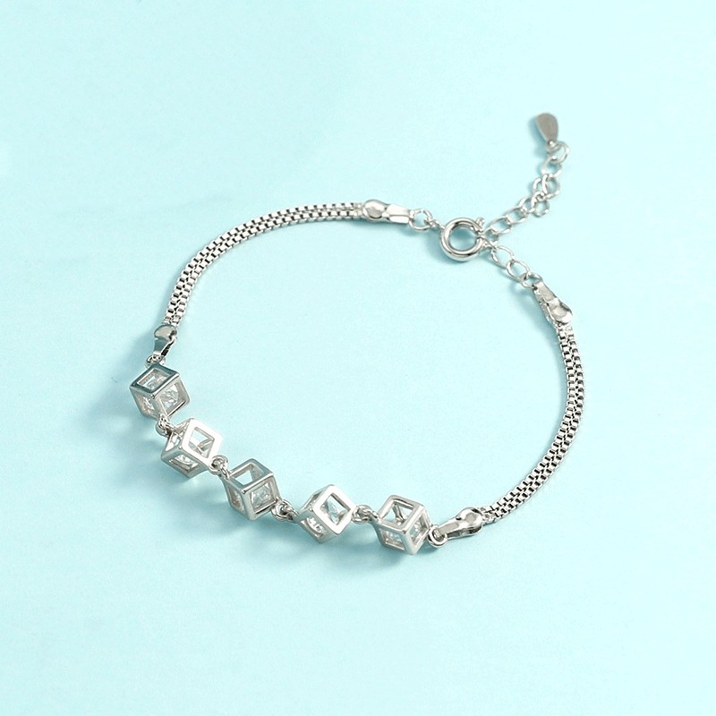 Silver Tone Hollow Square Cube CZ Double Box Chain Adjustable Bracelet