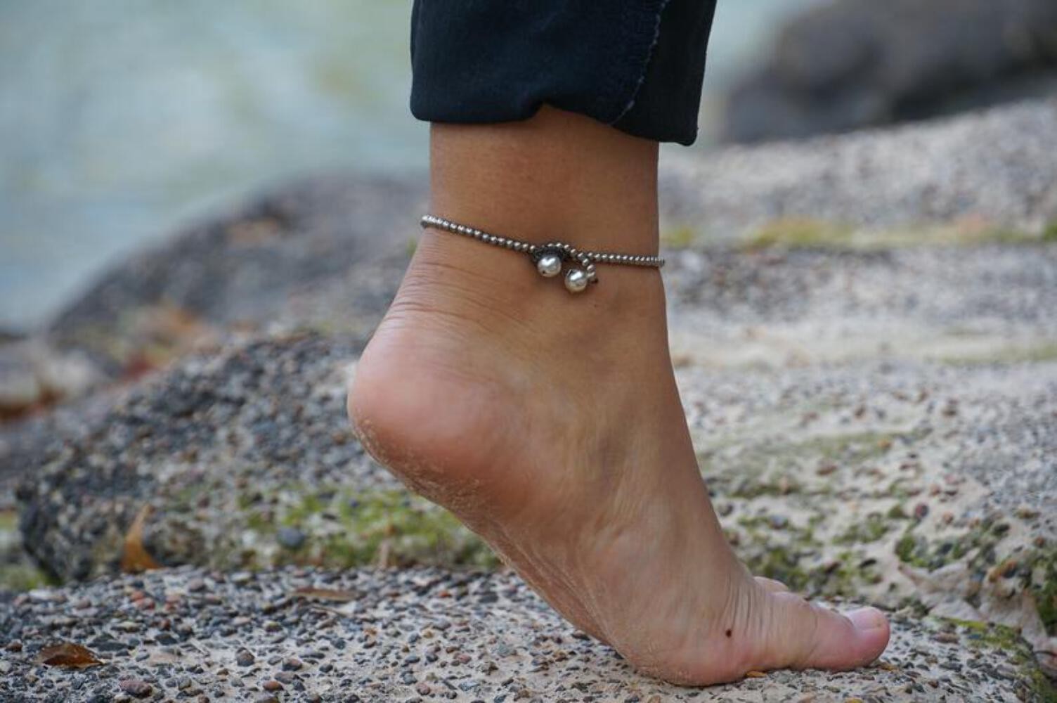 Black Boho Dual Band Silver Anklet For Women Adjustable