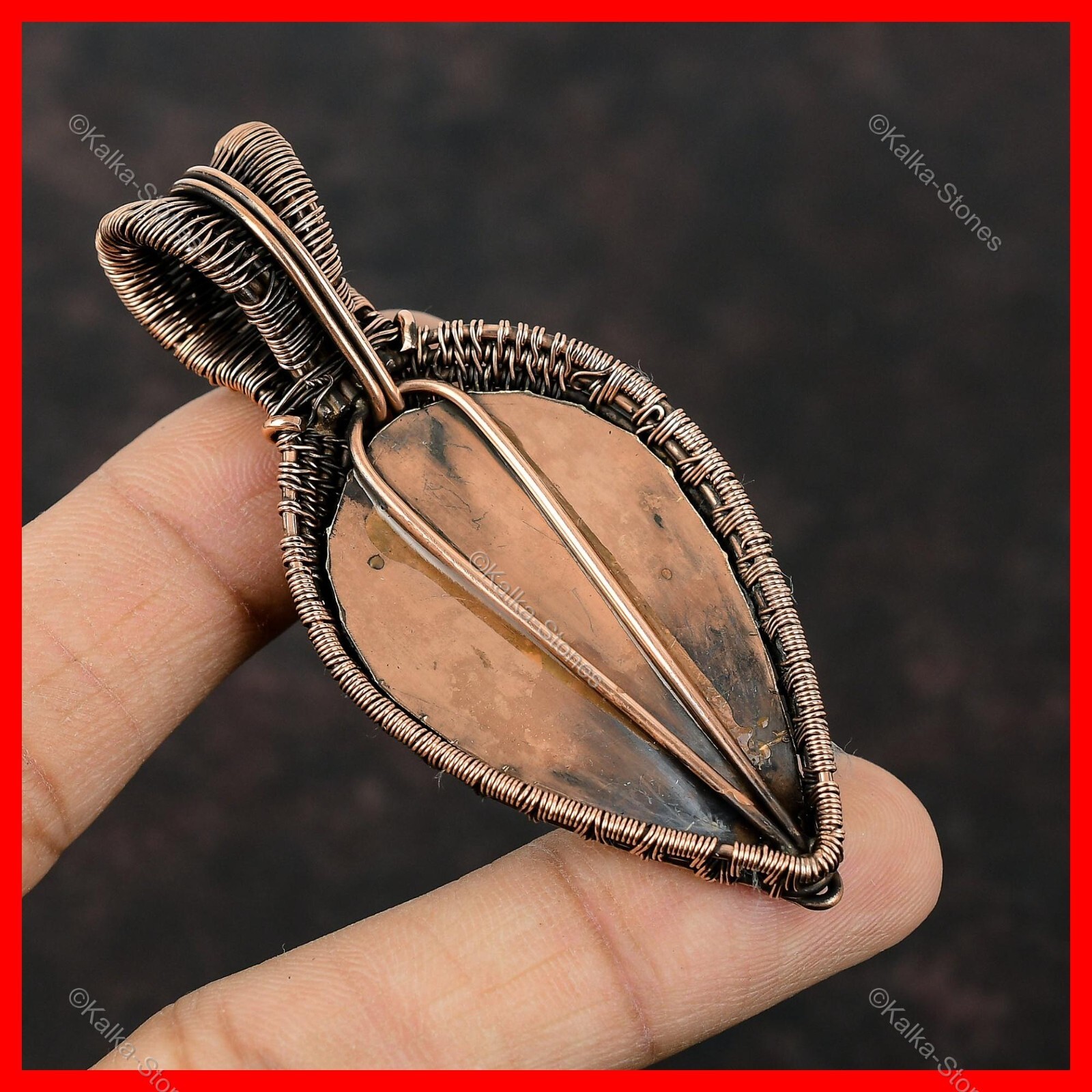 Copper Oval White Carved Face Stone Rainbow Moonstone New Wire Wrapped Pendant