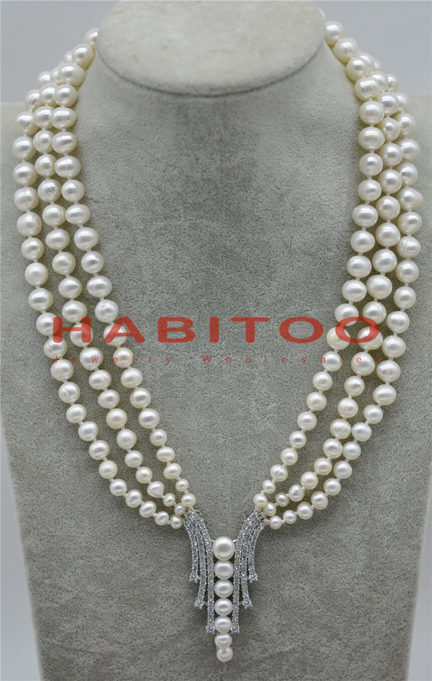 3 Strands Cultured White Pearl Necklace CZ Pave Pendant 18″