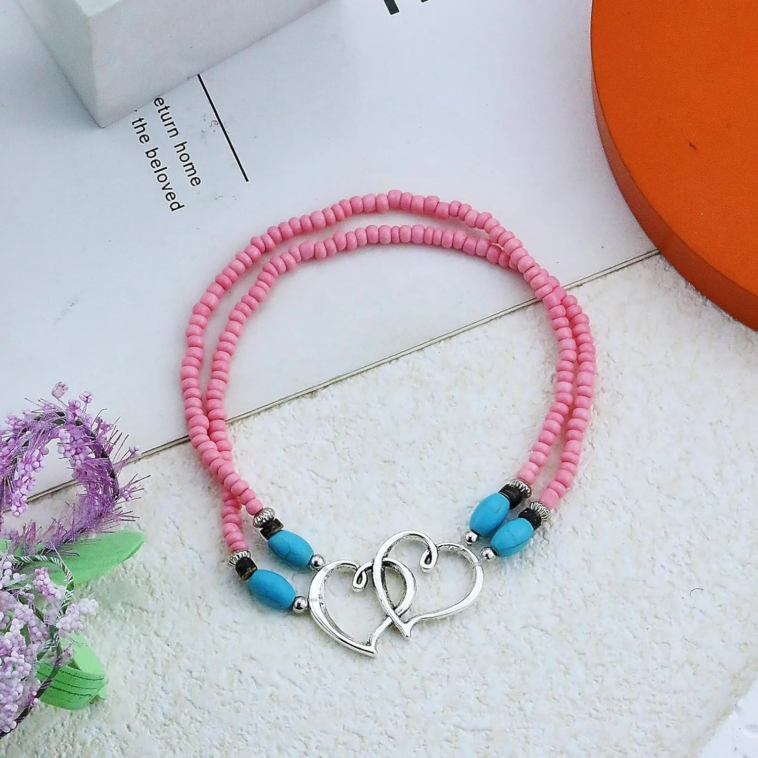 Elastic Beaded Ankle Bracelets for Women Double Heart Layered Stretch Ankle Brac