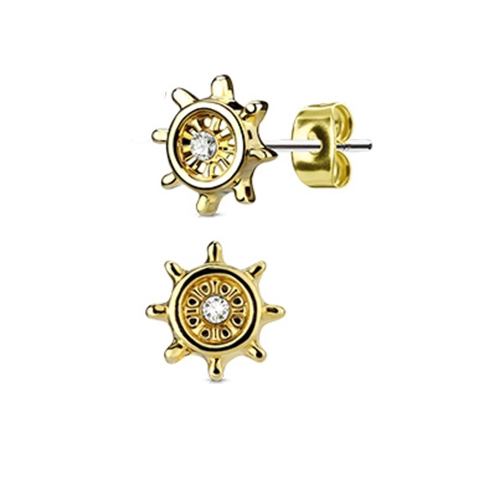 14K Gold Plated 316L Surgical Steel Ship Wheel Stud Earrings 1 CZ Hypoallergenic