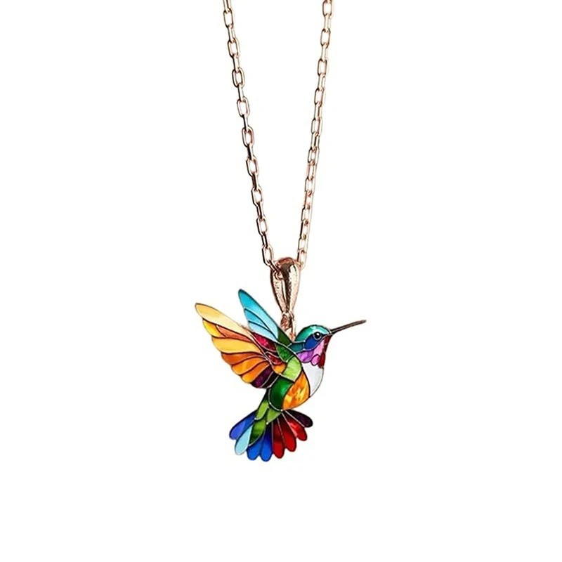 Colorful Hummingbird Pendant Necklace Rainbow Enamel Bird Charm Women Gift Chain