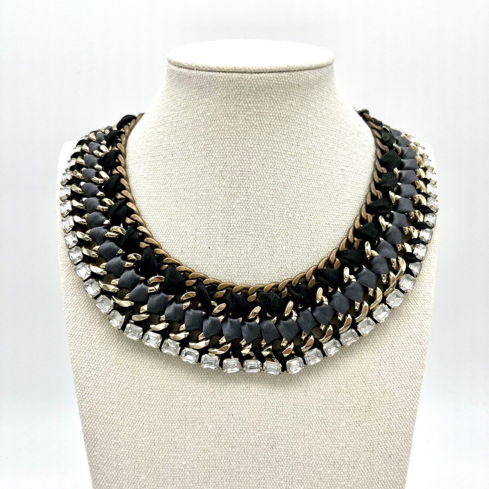 Retired Stella & Dot Bib Necklace & Bracelet Statement Chain Ribbon Rhinestone