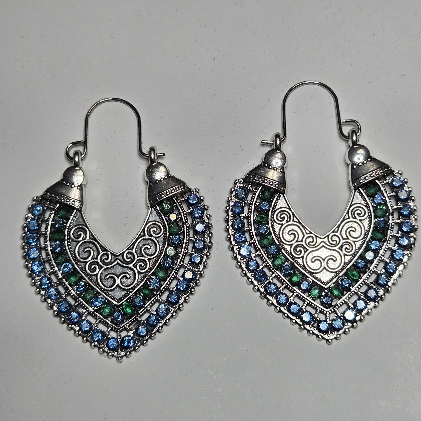 Silver Tone Crescent Scroll Dangle Hook Earrings Blue Green Round Cubic Zirconia