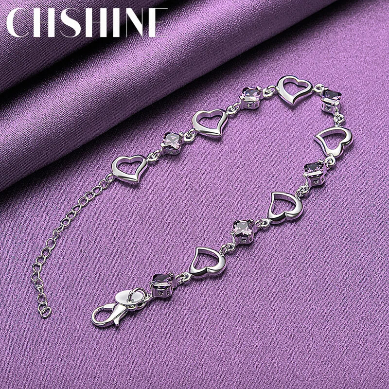CHSHINE 925 Sterling Silver Heart Purple Zircon Chain Bracelet Charm Jewelry