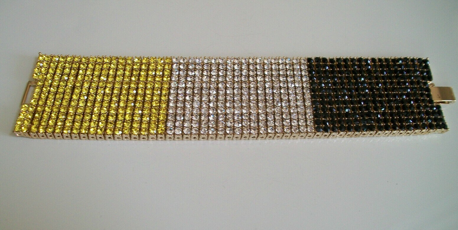 Men’s gold finish 12 row black, yellow & clear stone fashion hip hop bracelet