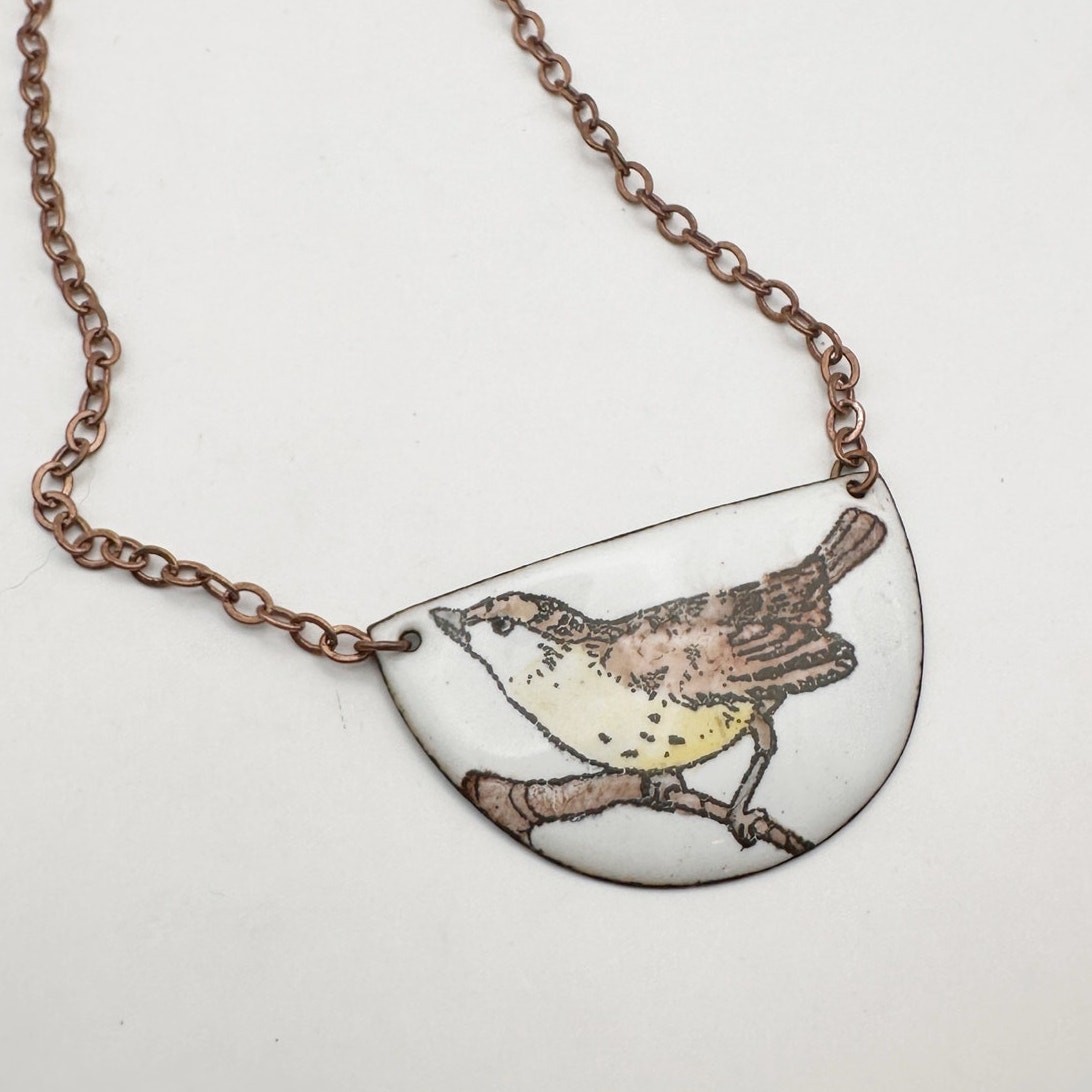 Hand painted Carolina Wren Necklace White Brown Bir Leaf Nature Jewelry