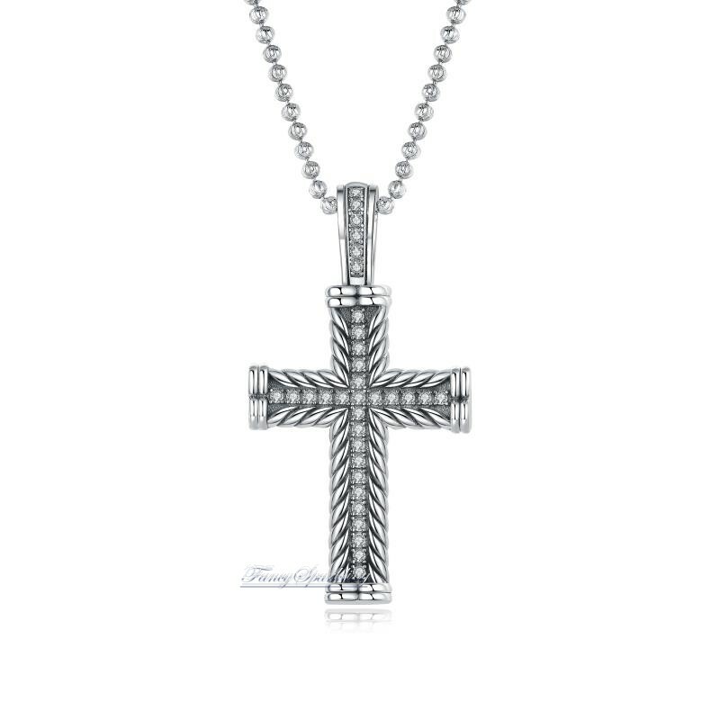 D/VVS1 Diamonds Cross Pendant Necklace in 14K White Gold Oxidized Finish