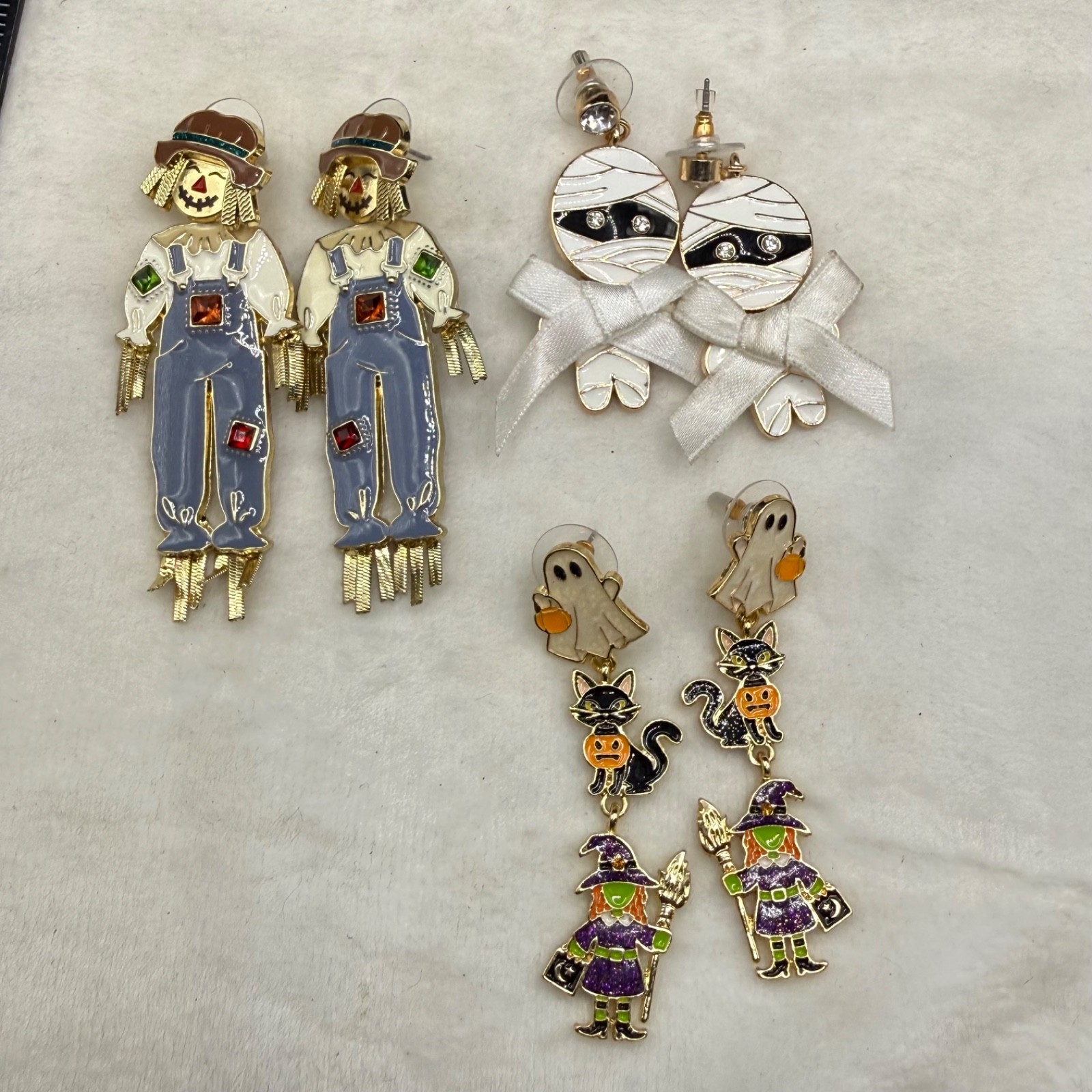 Vintage Halloween Pierced Earrings Lot of 3 Mummy Scarecrow Ghosts Witch