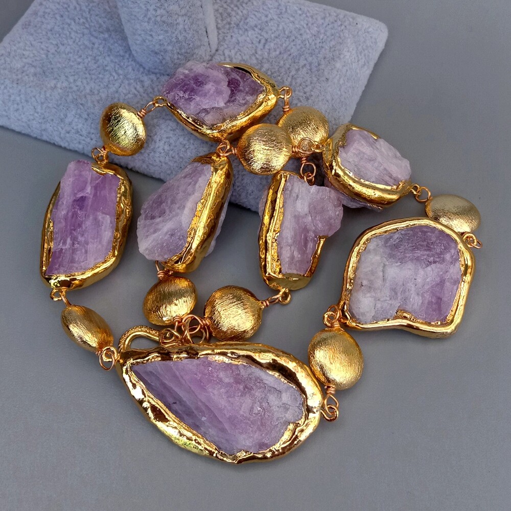 20″ Natural Pink Kunzite Rough Raw Gold Plated Edge Brushed Bead Necklace