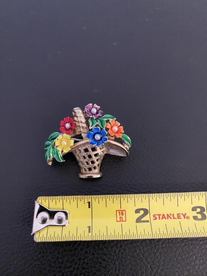 St. Labre Signed Enamel Metal Flower Basket Brooch Pin Gold Multicolor 1.5in