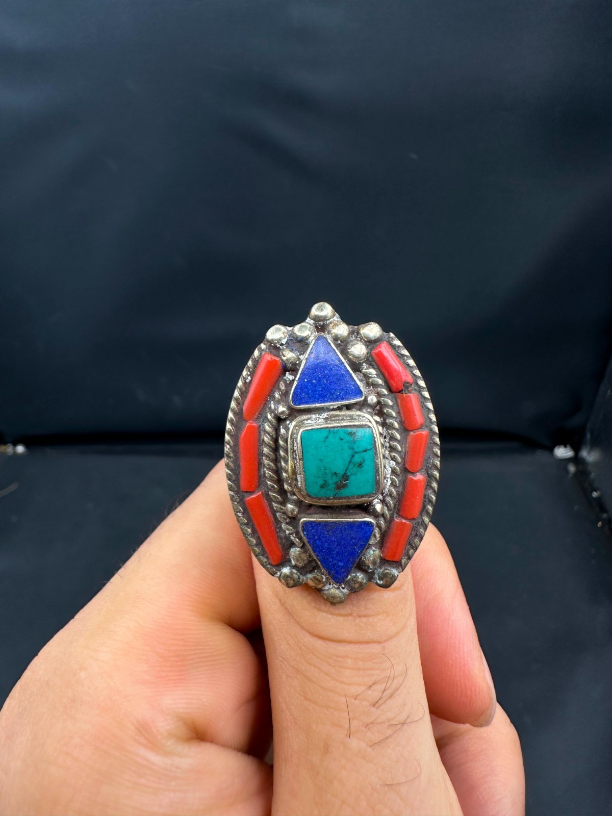 Vintage Tibetan Turquoise Coral Lapis Lazuli Ring Silver Tone Ethnic Ring Size 8