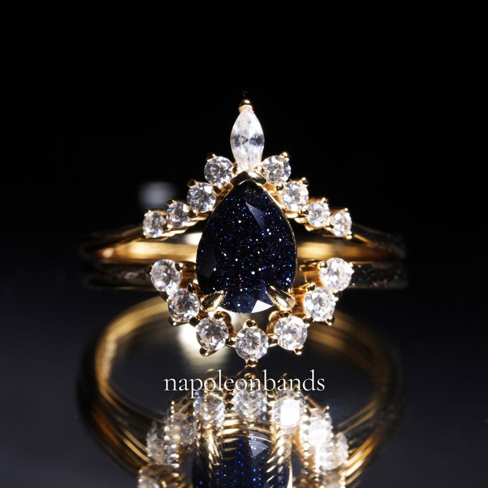 Women’s Galaxy Blue Sandstone Stackable Ring 14K Gold Vermeil Silver Pear Cut